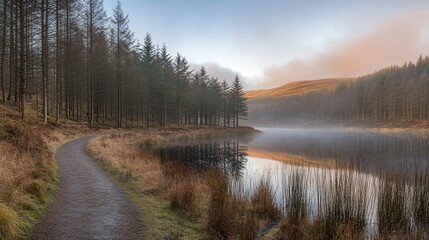 Wall Mural - Serene sunrise over misty reservoir with winding path through autumnal pine forest.