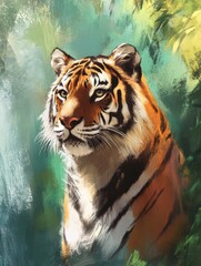 Poster - Majestic tiger portrait in a vibrant jungle setting showcasing striking colors and inviting text space. Generative AI