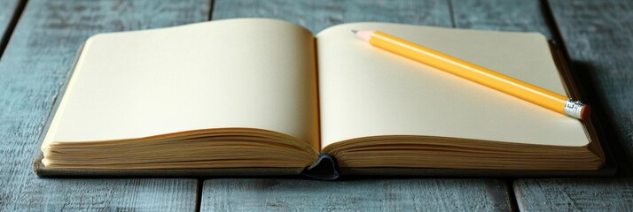 Poster - Open notebook with a yellow pencil resting on a bright wooden desk in a spacious setting ready for ideas and creativity. Generative AI