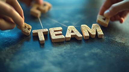 Poster - Business people connecting wooden letters forming the word team