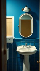 Wall Mural - White sink and a mirror in a blue bathroom vertical