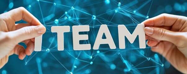 Aufkleber - Businesspeople holding team sign connected by network
