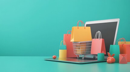 Aufkleber - Online shopping concept with shopping bags on laptop keyboard on green background