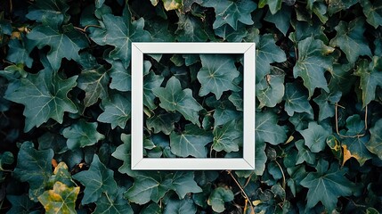 Wall Mural - White frame on lush green ivy wall background.