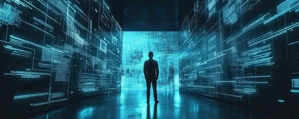 Poster - Silhouette of a person standing in futuristic digital data tunnel
