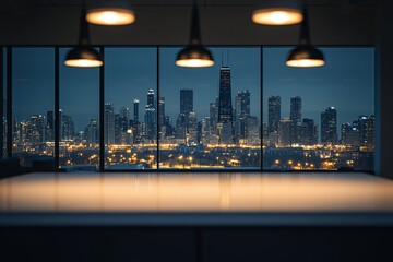 Wall Mural - Night cityscape view from modern office with large windows and hanging lamps.