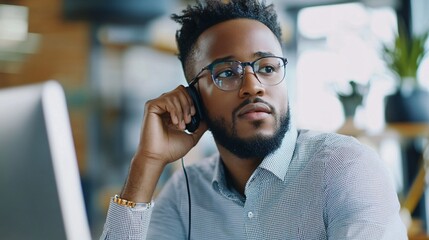 Poster - Thoughtful businessman wearing headphones listening during online meeting in office