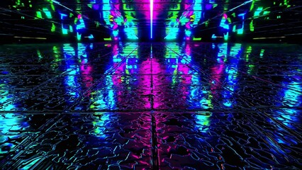 Poster - Colorful neon lights create a vibrant and futuristic atmosphere, reflecting vividly on a glossy, textured floor. The scene evokes a sense of modernity and dynamic energy