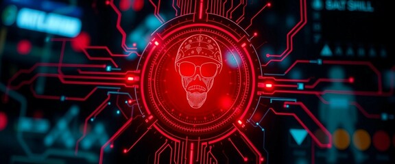 Wall Mural - Hacker attack system red alert symbol hologram and cybersecurity icons