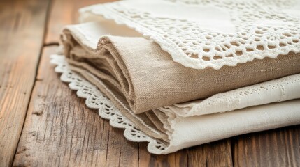 Poster - A close-up of hand-stitched linen napkins and table runners, neatly folded on a wooden table. Copy space.