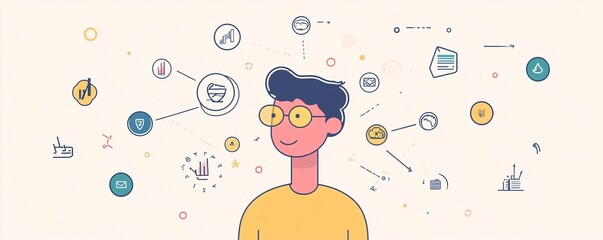 Aufkleber - Image of a young man wearing glasses surrounded by icons representing business development, data analysis, and strategic thinking