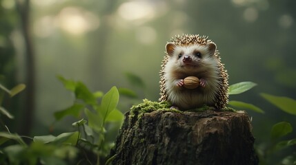 Poster - Adorable hedgehog holding a walnut on a mossy stump in a forest.