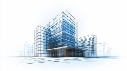 Poster - Architectural drawing showcasing modern office buildings on a clear background with blue hue lines