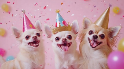 Canvas Print - Three cheerful Chihuahuas in party hats and crowns celebrate with confetti and balloons against a pink background.