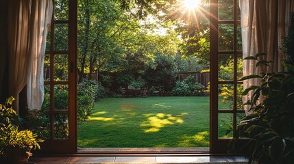 Poster - Sunlight shining through open french doors overlooking a well-kept green lawn and garden