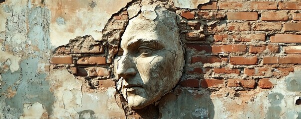 Fototapete - Weathered brick wall with peeling paint reveals a dramatic stone face, conveying a sense of mystery and history