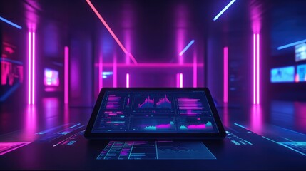 Poster - A digital tablet on a desk with futuristic data visualizations, charts, and graphs. Copy space.