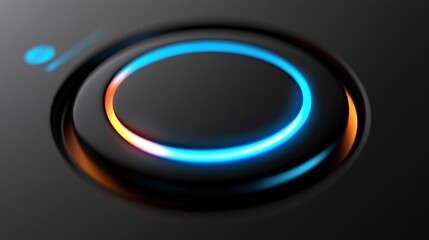 Leinwandbilder - Black button glowing with blue and orange light on dark background