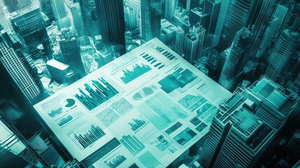 Poster - A flat lay of business strategy documents, paper charts, and financial reports on a corporate desk. Copy space.