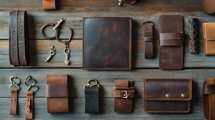 Poster - A flat lay of handmade leather wallets, keychains, and belts displayed on a rustic wooden surface with earthy tones. Copy space.