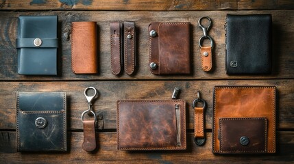 Poster - A flat lay of handmade leather wallets, keychains, and belts displayed on a rustic wooden surface with earthy tones. Copy space.