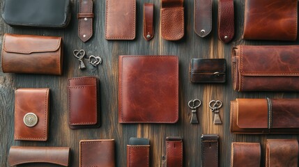 Poster - A flat lay of handmade leather wallets, keychains, and belts displayed on a rustic wooden surface with earthy tones. Copy space.