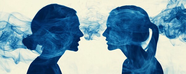 Poster - Two figures with obscured faces in a cloud of blue smoke are trying to make a connection