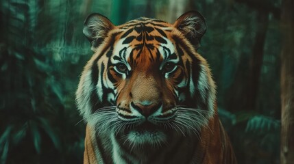 Aufkleber - Majestic tiger portrait with intense gaze in lush green habitat during golden hour. Generative AI