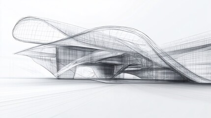 Poster - Architectural wireframe rendering of a modern building concept with flowing lines and grids on a white background