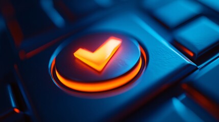 Poster - Bright orange check mark button confirms a selection on a futuristic dark blue keyboard