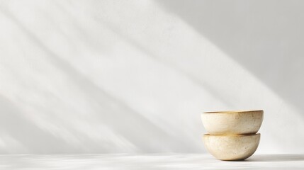 Poster - A minimalist composition featuring handcrafted ceramic bowls stacked in soft, neutral tones. Copy space.