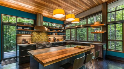 Poster - Modern kitchen with wood accents, teal walls, large windows overlooking a forest.