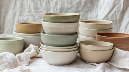 Poster - A minimalist composition featuring handcrafted ceramic bowls stacked in soft, neutral tones. Copy space.