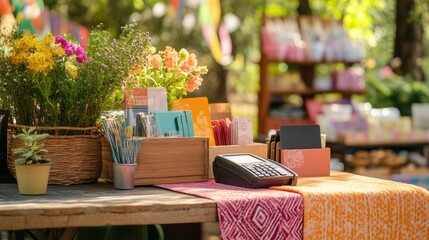 Aufkleber - A mobile pop-up shop counter with a card reader and neatly arranged handmade products. Copy space.