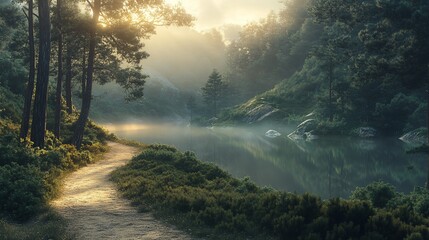 Poster - Misty sunrise over serene mountain lake with winding path.