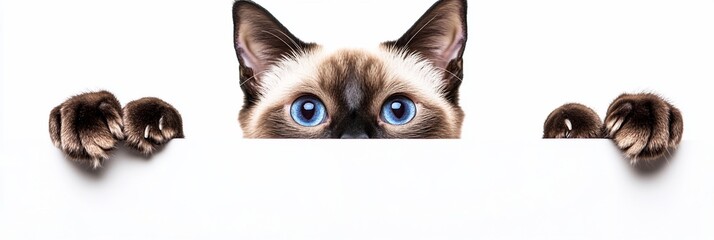 Wall Mural - Curious cat peeking over white banner.