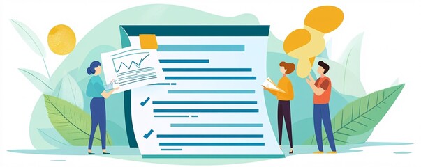 Aufkleber - Business professionals examining a large document with check marks, charts, financial reports, and statistics