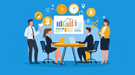 Aufkleber - Business team analyzing financial statistics on board, developing new strategy, and creating a successful business plan