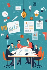 Aufkleber - Business team meeting discussing and brainstorming new ideas surrounded by charts and icons