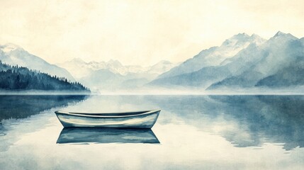 Leinwandbilder - Serene watercolor painting of a rowboat gliding on a calm mountain lake with a tranquil sky offering space for text. Generative AI