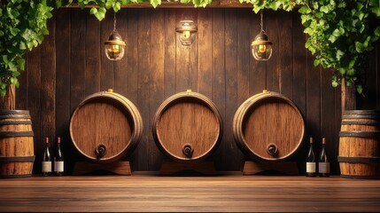 Poster - A small winery tasting room with wine barrels, rustic dcor, and carefully labeled bottles. Copy space.
