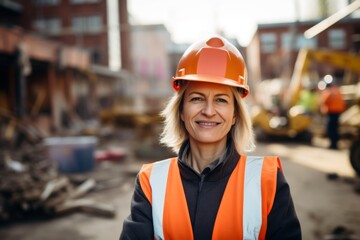 Wall Mural - Smiling portrait of a middle aged female businesswoman on construction site