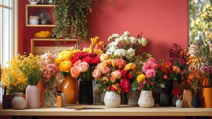 Poster - A vibrant home-based florist's workspace with fresh flowers, pruning shears, and decorative vases. Copy space.