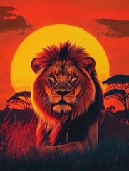 Aufkleber - Vibrant pop art lion portrait against a stunning savanna sunset with ample space for personal text creation. Generative AI