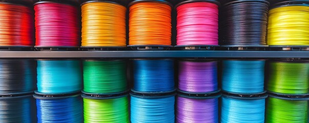 Poster - Neatly arranged shelves display vibrant and organized rows of colorful thread spools, creating a pleasing visual