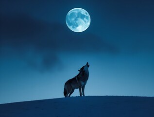  Majestic wolf howling at a bright full moon in a cold winter landscape, capturing the essence of the untamed wilderness and nocturnal wildlife
