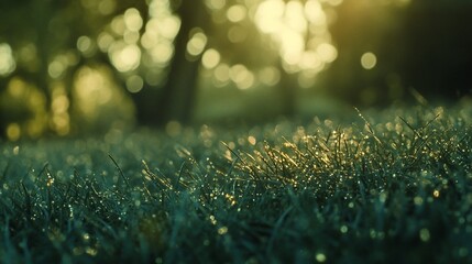 Poster - Dew-covered grass in morning sunlight, shallow depth of field.