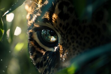 Poster - Close-up of a leopard's eye peering from behind foliage, sunlight reflecting in its pupil.