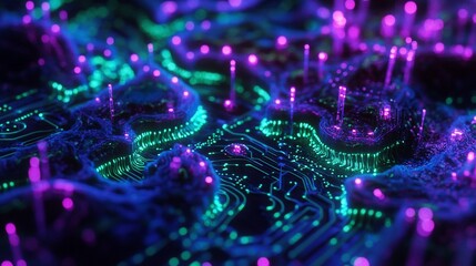 Wall Mural - abstract digital landscape with glowing lines and particles. (2)