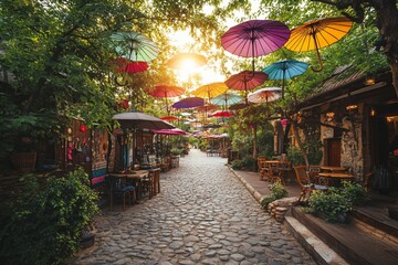 Wall Mural - Colorful umbrellas shade a cobblestone street lined with shops and cafes at sunset.